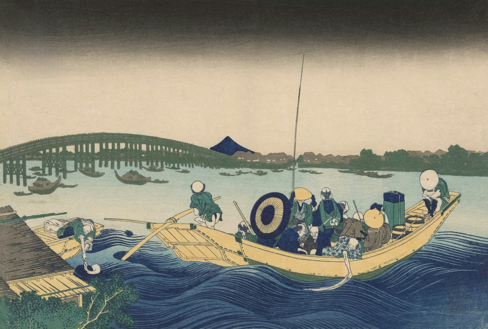 a painting of people in a boat on a body of water